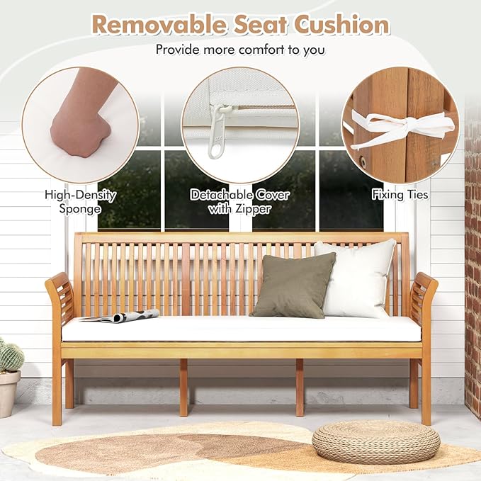 Tangkula 3-Seat Patio Acacia Wood Bench with Cushion, 62.5” Extra Long Outdoor Chair with Dense Slatted Backrest & Armrests, 1200 lbs Weight Capacity, Outside Bench for Yard, Balcony, Porch & Garden