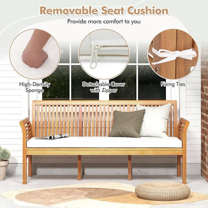 Tangkula 3-Seat Patio Acacia Wood Bench with Cushion, 62.5” Extra Long Outdoor Chair with Dense Slatted Backrest & Armrests, 1200 lbs Weight Capacity, Outside Bench for Yard, Balcony, Porch & Garden