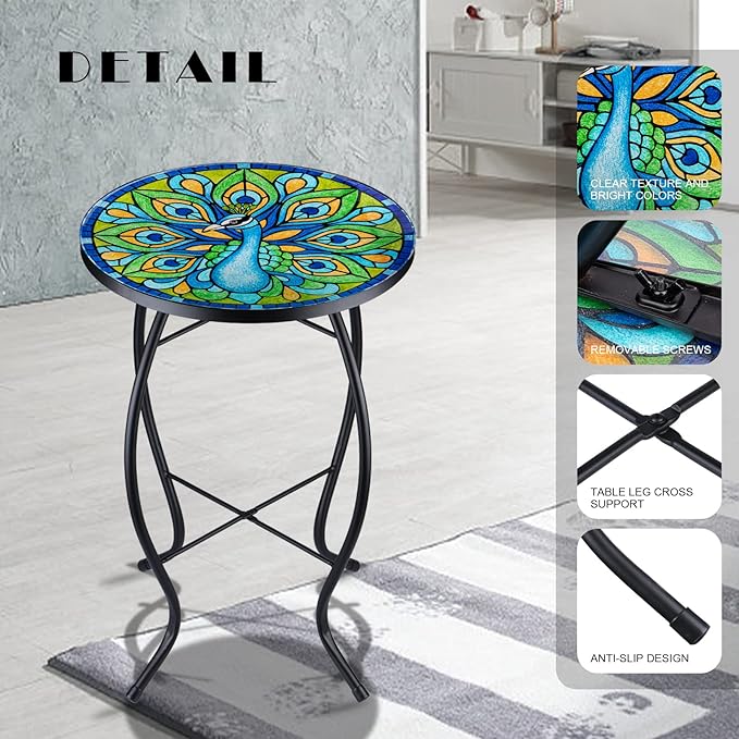 VCUTEKA Patio Side Table Outdoor Accent Table Bistro Coffee Table Plant End Table Small Porch Table Indoor Round Glass - Photo 6
