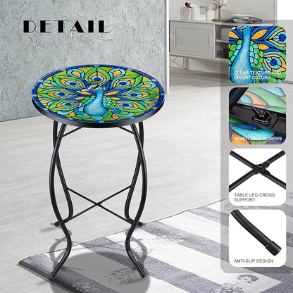 VCUTEKA Patio Side Table Outdoor Accent Table Bistro Coffee Table Plant End Table Small Porch Table Indoor Round Glass Balcony Plant Table Stands Peacock