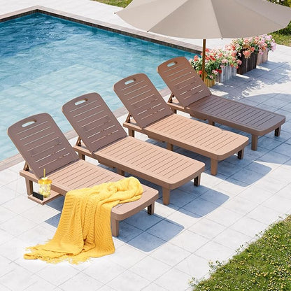 Outdoor Chaise Lounge Set of 4, Waterproof Resin Lounge Chairs for Outside w/Adjustable 5 Positions All Weather Recliner Chair for Patio, Poolside, Beach, Yard, Brown