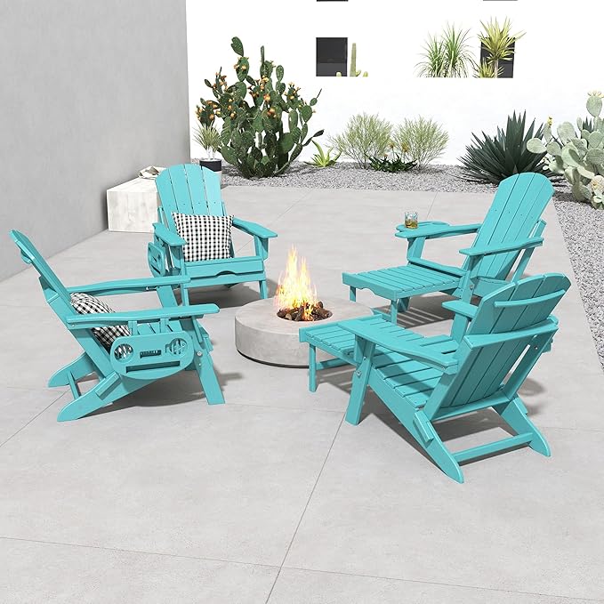 FOOWIN Adirondack Chair with Retractable Ottoman,HDPE Folding Adjustable Adirondack Chair w/4 in 1 Cup Holder Trays,All-Weather Resistant Fire Pit Chair for Outdoor Patio Lawn Set of 6