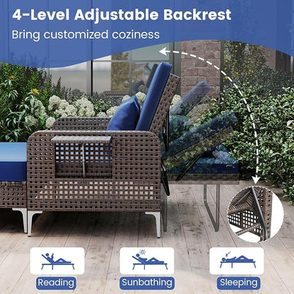 Tangkula Patio Rattan Daybed with 4-Level Adjustable Backrest, Boho Outdoor Wicker Loveseat & Storage Ottoman with Cushion, 2-Person Sun Lounger with Folding Tables for Poolside, Backyard & Garden