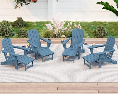 KINGYES Folding Adjustable Adirondack Chair with Ottoman & 2 Cup Holders Set of 4, HDPE Recliner Adirondack Chair with Footrest, Blue