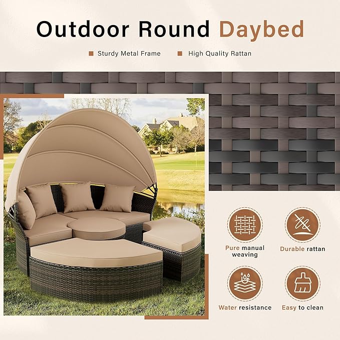 Crownland Outdoor Daybed with Retractable Canopy, Patio Round Daybed with Washable Cushions, Clamshell Sectional Seating - Photo 4