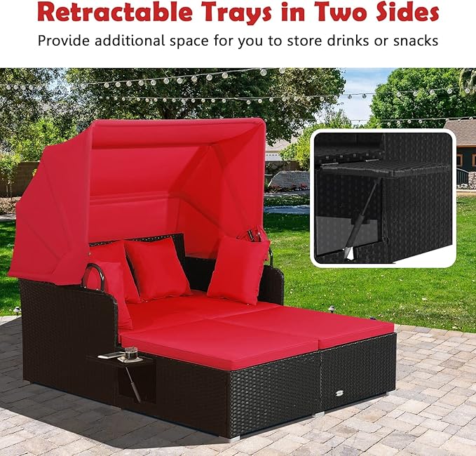 Tangkula Patio Rattan Daybed with Retractable Canopy, Outdoor Wicker Sunbed Lounger with 2 Foldable Side Tables - Photo 6