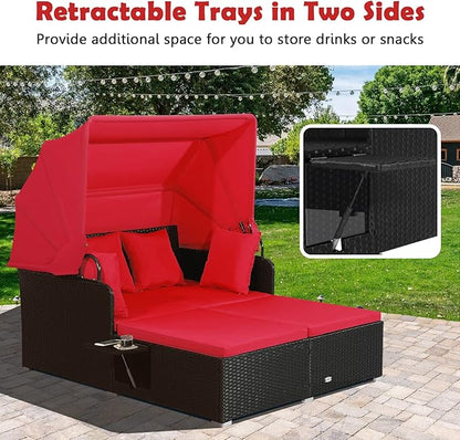 Tangkula Patio Rattan Daybed with Retractable Canopy, Outdoor Wicker Sunbed Lounger with 2 Foldable Side Tables, Thick Seat & Back Cushions, Outside Double Daybed for Garden, Backyard, Porch, Red