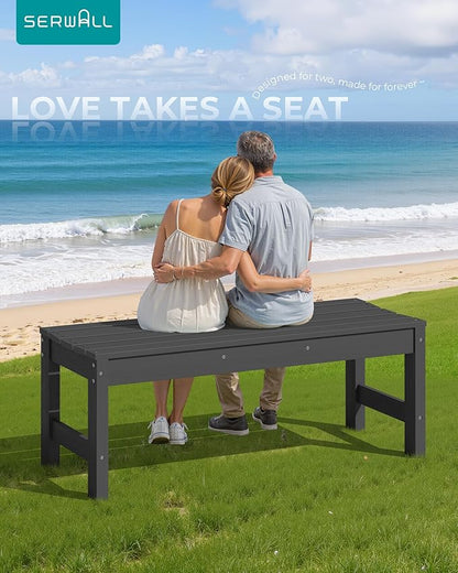 SERWALL 47 Inches Outdoor Bench Set of 2, All Weather HDPE Backless Bench with Wood Grain Texture for Garden Porch and Park, Curved Bench Seat for Comfort, Black