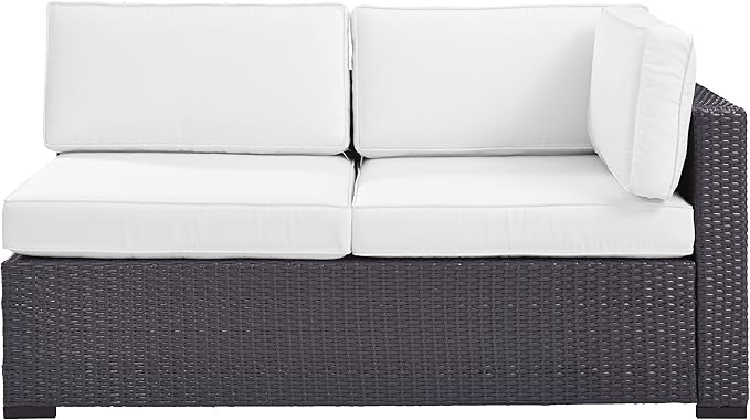Crosley Furniture Biscayne Outdoor Sectional Loveseat, 2-Person Wicker Patio Couch for Deck, Backyard, Brown with White Cushions
