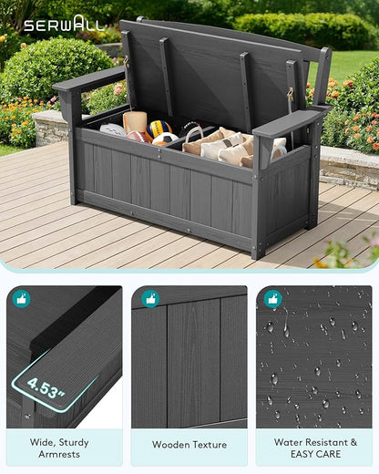 SERWALL HDPE Outdoor Storage Bench, All-Weather, UV-Resistant Deck Box with Waterproof Storage Bags, 57 Gallon Dual-Use Seat & Organizer Deck Boxes for Patio, Garden Tools & Pool (Gray)