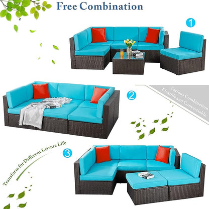 Vongrasig 6 Piece Patio Furniture Set, Small Outdoor Sectional Sofa Couch, All Weather PE Wicker L-Shaped Corner Patio Sofa Garden Backyard Patio Conversation Set w/Glass Table, Blue