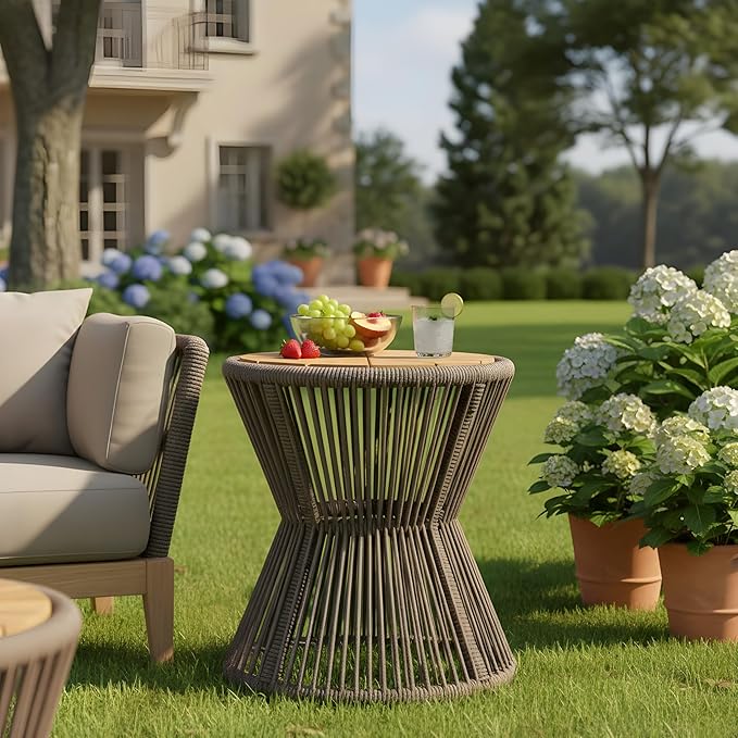 Merax Bohemian Round Outdoor Side Table with Acacia Wood Top and Dark Grey Handwoven Rope Base, Elegant Hourglass Design Patio Coffee Table for Garden, Pool, Balcony, Yard, 18.9" Height, No Assembly