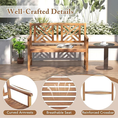 HAPPYGRILL Outdoor Wood Bench, 2-Seat Acacia Wood Loveseat Chair w/Slatted Seat & Patterned Backrest, 800 lbs Capacity, Patio Bench for Garden, Yard, Lawn