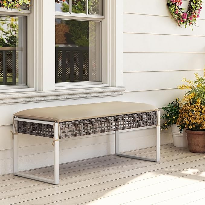 HAPPYGRILL Patio Rattan Loveseat Bench Ottoman, 43 Inch Outdoor Seat with Metal Legs & Seat Cushion, Wicker Footstool Seating Furniture for Backyard, Poolside, Front Porch (2)