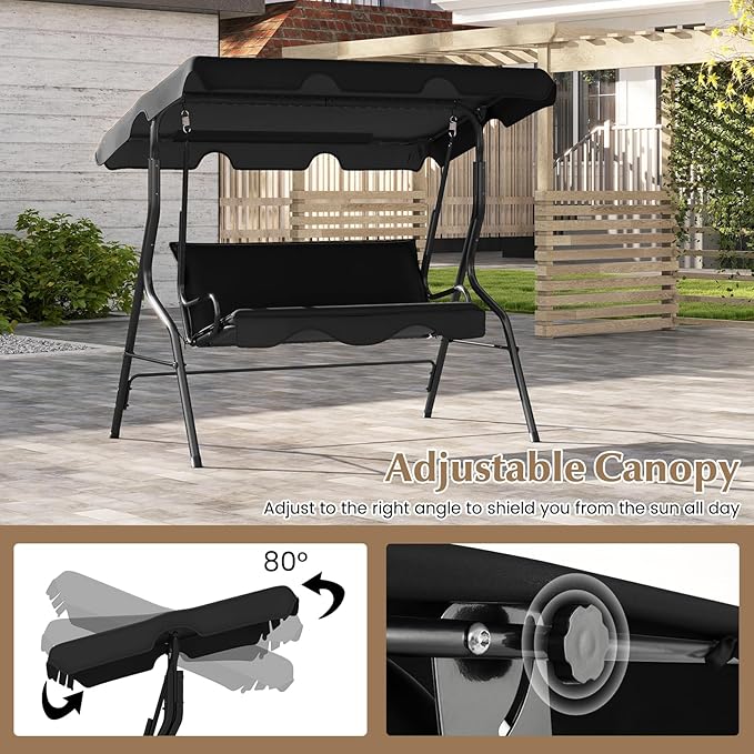 RELAX4LIFE 3-Person Porch Swing Chair - Outdoor Swing w/Adjustable Canopy, Removable Cushion & Metal Frame Stand - Photo 4