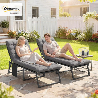 Outsunny Chaise Lounge Chair Outdoor Set of 2, 5-Position Reclining Pool Lounge Chairs with Cushions, Side Pocket, Headrest, Folding Lounger Tanning Chair Camping Cot for Patio, Beach, Dark Gray
