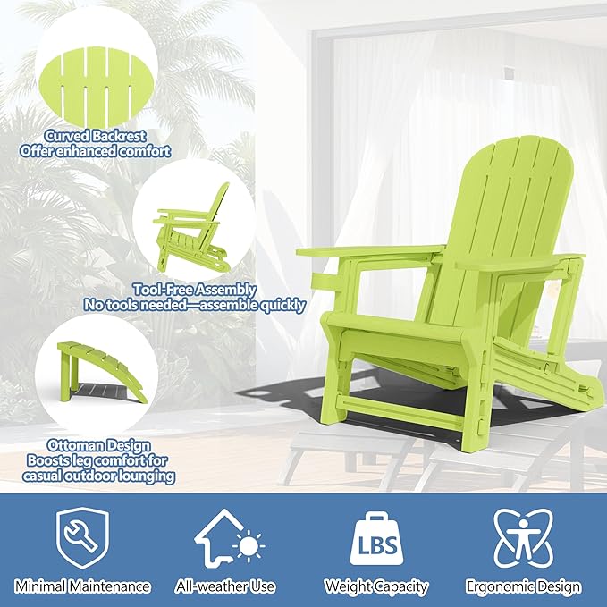 Shintenchi Adirondack Chair Set of 2,HDPE Adirondack Chairs with Umbrella Hole Connecting Tray & 2 Curved Ottoman,Plastic Outdoor Chairs with Cup Holders for Garden Backyard Pool,Green