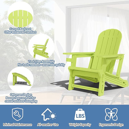 Shintenchi Adirondack Chair Set of 2,HDPE Adirondack Chairs with Umbrella Hole Connecting Tray & 2 Curved Ottoman,Plastic Outdoor Chairs with Cup Holders for Garden Backyard Pool,Green