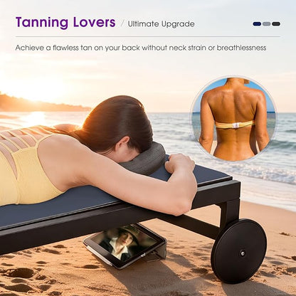 PURPLE LEAF Outdoor Tanning Lounge Chair Set with Face Hole Aluminum Adjustable Chairs Wheels Pillows and Table for Poolside Beach Patio Reclining Sunbathing Lounger Navy Blue