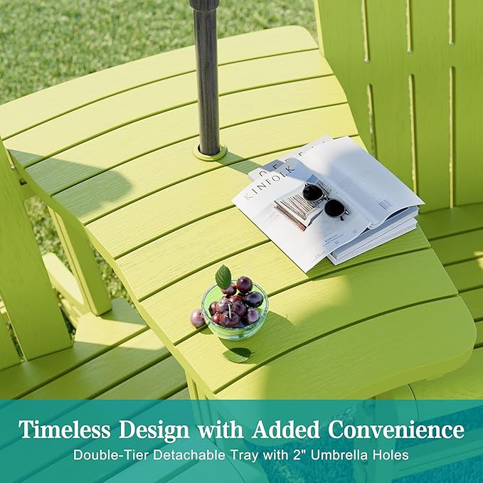 JY QAQA Outdoor Adirondack Chair Set of 2 with Detachable Table & Ottoman, All-Weather HDPE Patio Furniture with Wood Texture & Cup Holder for Patio, Poolside, Garden, Green