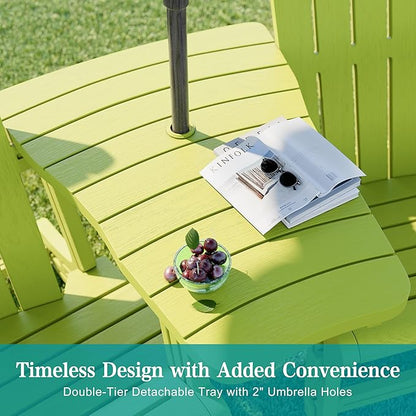 JY QAQA Outdoor Adirondack Chair Set of 2 with Detachable Table & Ottoman, All-Weather HDPE Patio Furniture with Wood Texture & Cup Holder for Patio, Poolside, Garden, Green