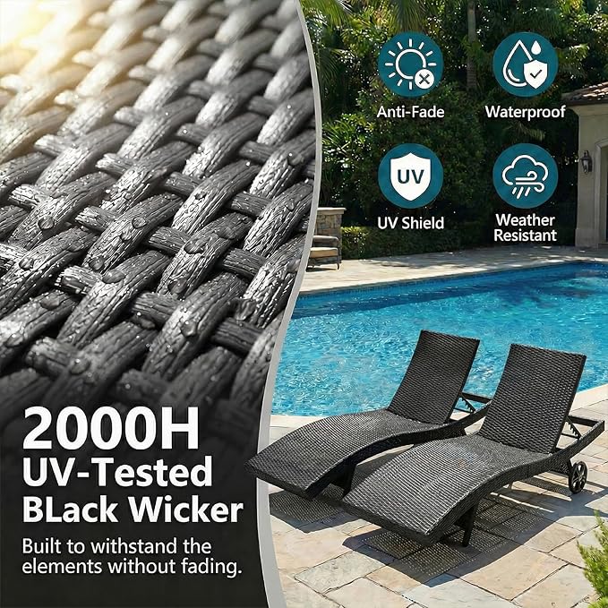 Wicker Outdoor Lounge Chairs with Rolling Wheels, Pool Lounge Chairs Set of 2, Rattan Outdoor Lounger with Pull Out Side Table, Adjustable Backrest Patio Chaise Lounges, Black