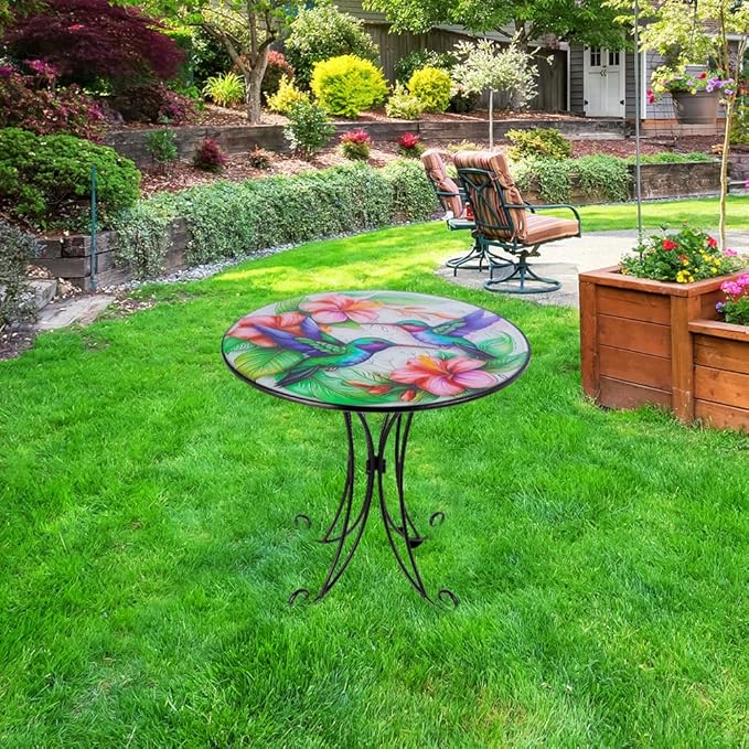 18 Inch Outdoor Side Table, Hummingbird Metal Accent Table, Indoor Small Round End Table - Photo 2