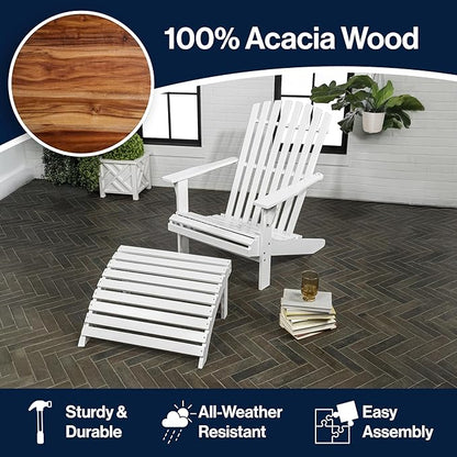 JONATHAN Y ADK1000D Saranac 2-Piece Traditional Rustic Acacia Wood Adirondack Chair with Detachable Ottoman Classic, Coastal, Cottage, Vintage, Farmhouse, White