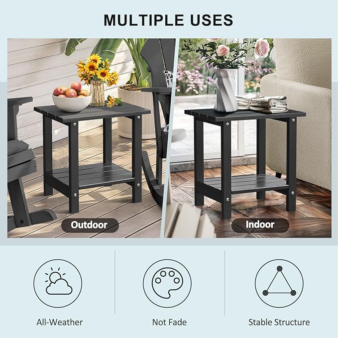 Adirondack Outdoor Side Table, 16.6" Small Patio End Table, 2-Tier HDPE Plastic Table for Poolside Porch Garden, Weather Resistant & Easy Assembly (Black, Rectangle)