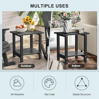 Adirondack Outdoor Side Table, 16.6" Small Patio End Table, 2-Tier HDPE Plastic Table for Poolside Porch Garden, Weather Resistant & Easy Assembly (Black, Rectangle)