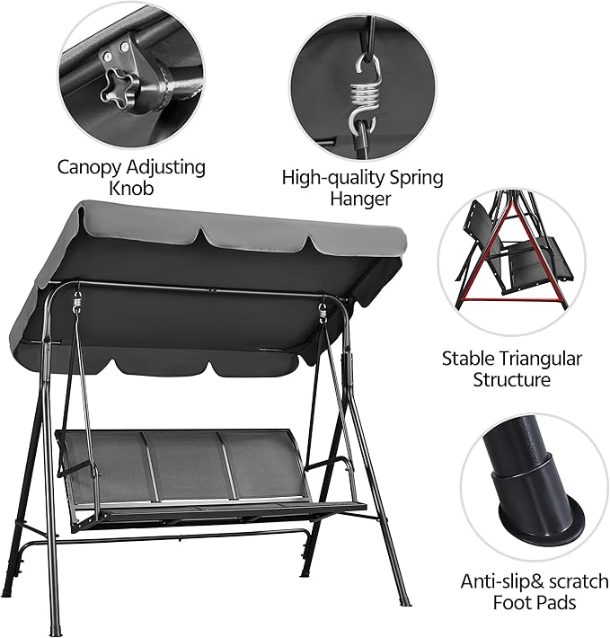 Yaheetech Outdoor Patio Swing Chair, 3-Seat Patio Sunset Hanging Swing Glider w/Adjustable Canopy & Texteline Fabric & Armrests, Outdoor Love Seat Bench for Patio/Garden/Yard/Porch, Gray