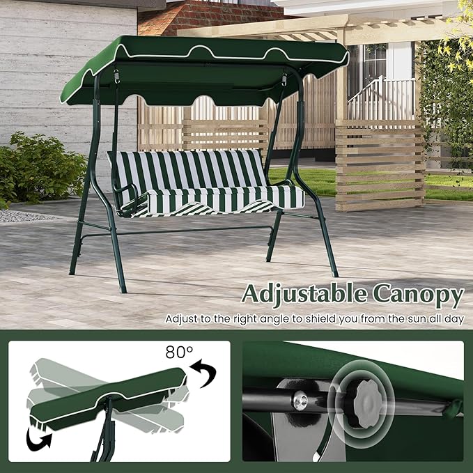 RELAX4LIFE 3-Person Porch Swing Chair - Outdoor Swing w/Adjustable Canopy, Removable Cushion & Metal Frame Stand - Photo 4