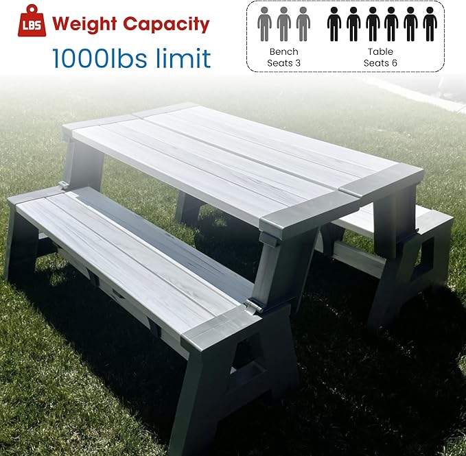 Convert-a-Bench Gen 1 2in1 Outdoor Convertible Bench to Picnic Table | Space-Saving Weather-Resistant Patio Furniture for Yard Deck Garden | Easy Assembly & Durable-1 Bench/Order, Platinum White Birch