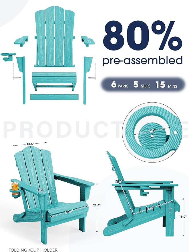 KINGYES Folding Adirondack Chair Set of 4, HDPE All-Weather Patio Chairs with Cup Holder - Photo 6