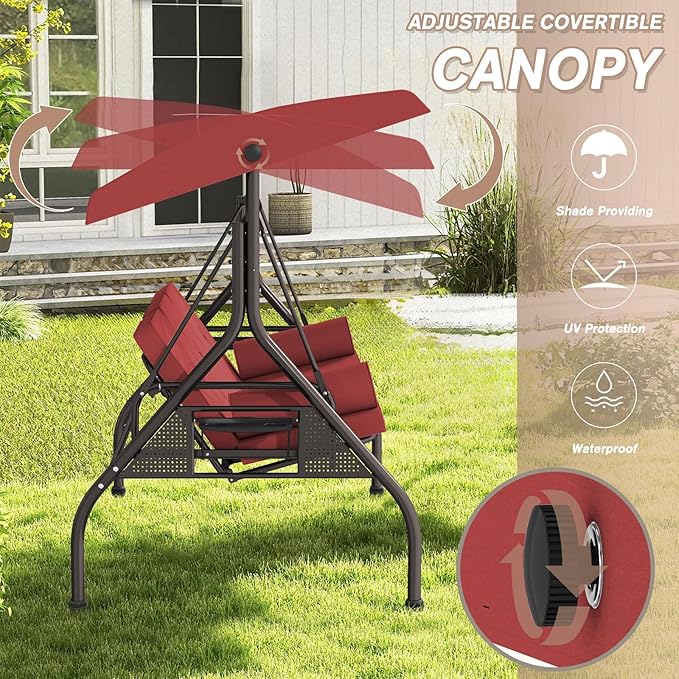 3 Seat Outdoor Porch Swing Chair, Adjustable Canopy Swing Bench, Convertible Backrest Swing Bed with Thicken Cushions - Photo 7