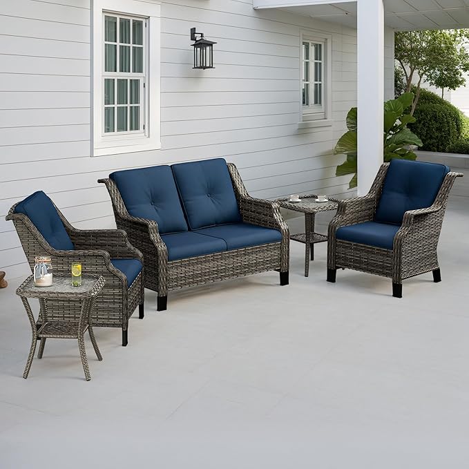 5 Piece Patio Furniture Set, 2-Seater Loveseat, 2 Chairs and 2 Side Tables - Photo 1