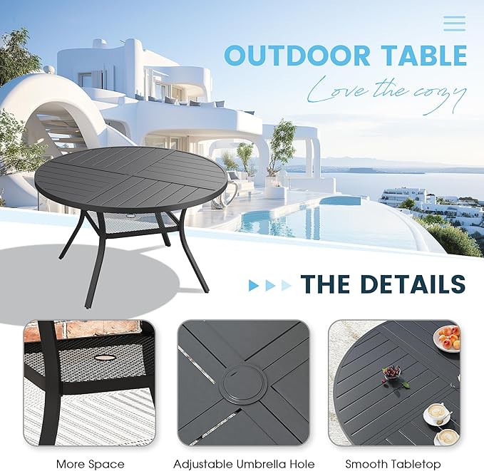 Patio Dining Table for 4-6, Round Metal Outdoor Table with Storage Shelf, 1.57" Umbrella Hole, 47" Outdoor Quartered Tabletop Dining Table for Backyard, Porch, Lawn, Black