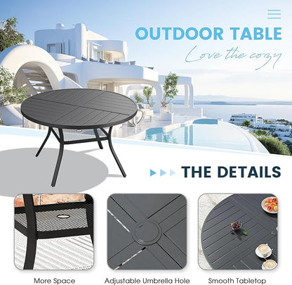Patio Dining Table for 4-6, Round Metal Outdoor Table with Storage Shelf, 1.57" Umbrella Hole, 47" Outdoor Quartered Tabletop Dining Table for Backyard, Porch, Lawn, Black