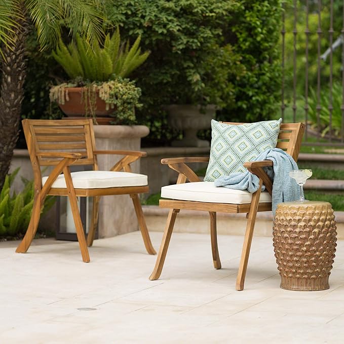 Christopher Knight Home Hermosa Outdoor Acacia Wood Arm Chairs, 2-Pcs Set, Teak Finish / Cream