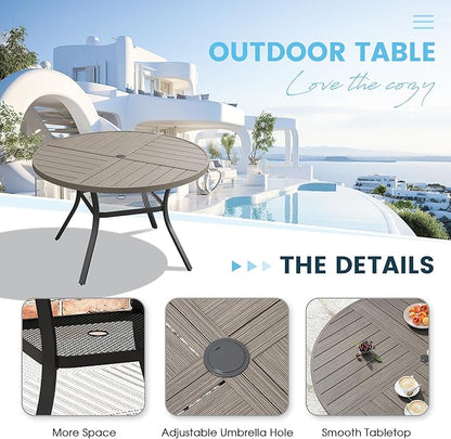 Patio Dining Table for 4, Round Metal Outdoor Table with Storage Shelf, 1.57" Umbrella Hole, 41" Outdoor Quartered Tabletop Dining Table for Backyard, Porch, Lawn, Grey