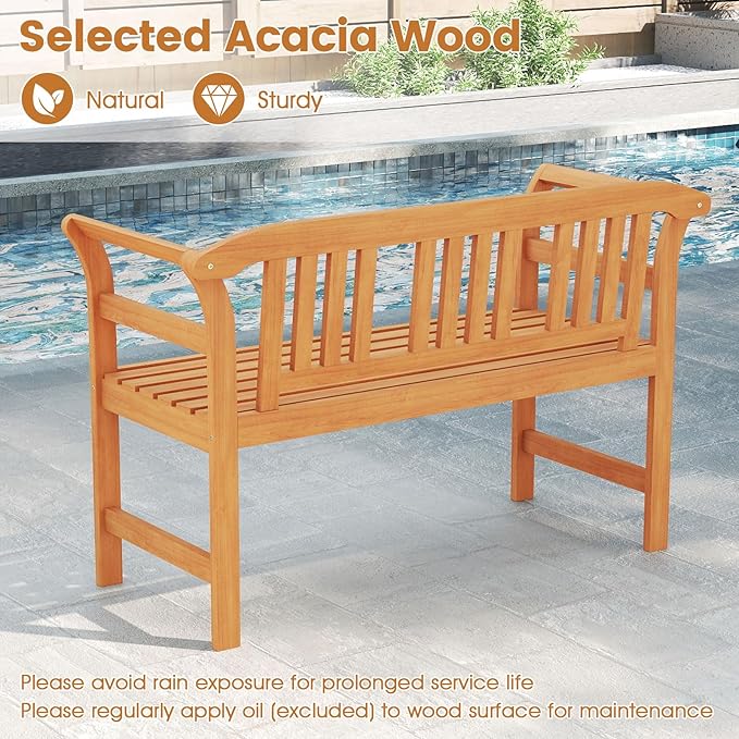 RELAX4LIFE Acacia Wood Outdoor Bench - 2 Person Patio Loveseat with Backrest and Armrests, 47 inch Garden Bench for Porch, Backyard, Lawn and Poolside, 800 lbs Weight Capacity