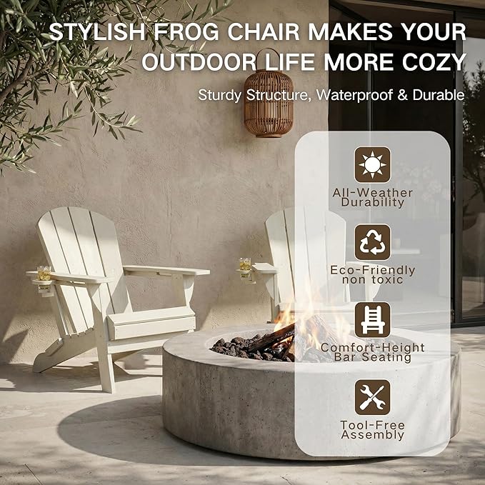 Kingdura Folding Adirondack Chairs Set of 4, Portable HDPE Outdoor Patio Chair with Wooden Textured & Cup Holder, All Weather Resistant, 380LBS Capacity for Pool, Backyard, Balcony, Fire Pit (White)