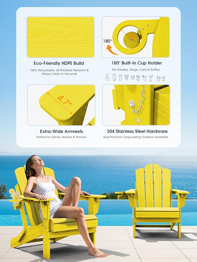 KINGYES Adjustable Folding Adirondack Chair, 3-Position Reclining Adirondack Chairs with Cup Holder, HDPE All-Weather Oversized Adirondack for Outdoor, Patio, Backyard Deck, Fire Pit, Yellow