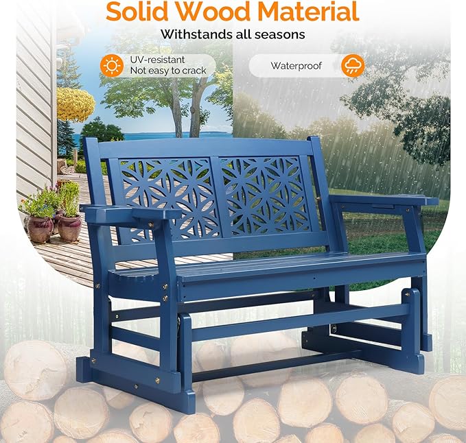 VINGLI Fir Wood Outdoor Glider with Floral Backrest, Wooden Patio Gliding Bench with Cup Holders, Smooth Rocking Chair for Garden, Yard & Porch (Blue, 4FT)