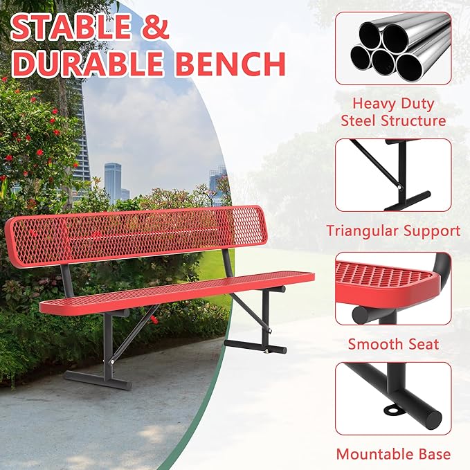 96" Metal Park Benches for Outside - Red Outdoor Benches Heavy Duty Garden Weatherproof Bench with Backrest, Buddy Bench for Schools,Commercial Benches for Shopping Mall, Store, Yard, Patio