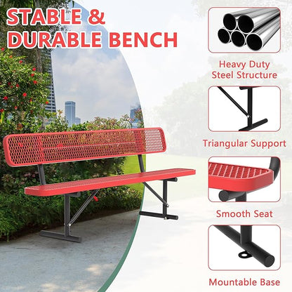 Park Benches for Outside - 96" Outdoor Metal Street Bench Heavy-Duty Steel Weatherproof Portable Garden Bench, Commercial Benches for Patio, Soccer, Park, Shopping Malls, Decks, Sports
