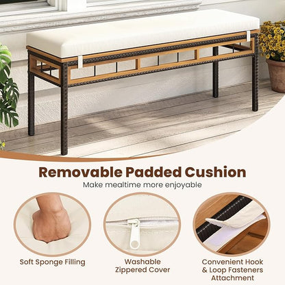 Tangkula Outdoor Wicker Bench with Removable Padded Cushion, 48" Patio Backless Acacia Wood Bench, 2-Person Outdoor PE Rattan Chair for Entryway Garden Poolside Deck (1,White)
