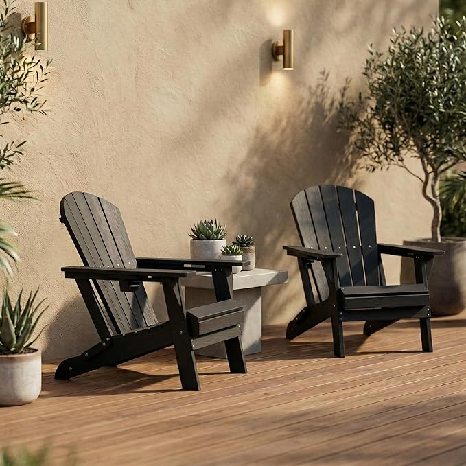 Kingdura Folding Adirondack Chairs Set of 2, Portable HDPE All Weather Resistant Outdoor Patio Chair, Wooden Textured with Cup Holder, 380LBS Capacity for Poolside, Backyard, Fire Pit (Black)
