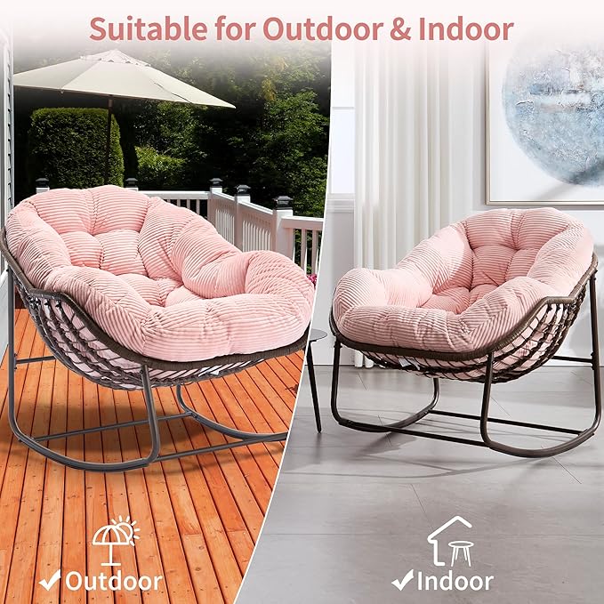 HOMEFUN Outdoor Patio Rocking Chairs, Oversized Papasan Rock Chair Indoor with Striped Velvet Padded Cushion - Rocker Egg Seat for Front Porch, Garden, Patio, Backyard Pink