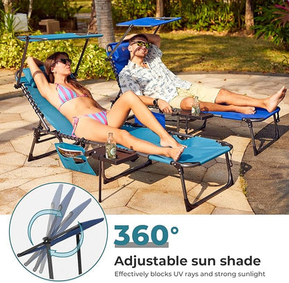 FUNDANGO 4 in 1 Tanning Chair with Face Hole, Beach Lounge Chair w/Canopy Shade & Side Table Chaise Lounge Chairs for Patio, Pool, Lawn, Sunbathing, 5-Position Adjustable Sun Lounger, Set of 2 Blue